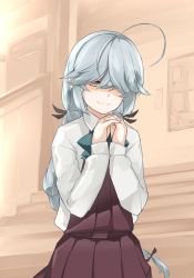 Rule 34 | 1girl, ahoge, black ribbon, braid, brown dress, brown eyes, commentary request, cowboy shot, dress, grey hair, hair over one eye, hair ribbon, hamanami (kancolle), own hands clasped, kantai collection, long hair, long sleeves, own hands together, ribbon, school uniform, shirt, single braid, smile, solo, stairs, white shirt, yamaioni (sasakama)
