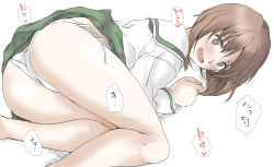 Rule 34 | 1girl, ass, blouse, blush, bright pupils, brown eyes, brown hair, elf (stroll in the woods), fetal position, frown, girls und panzer, green skirt, heart, highres, long sleeves, looking at viewer, lying, miniskirt, nishizumi miho, on side, ooarai school uniform, open mouth, panties, pleated skirt, sailor collar, school uniform, serafuku, shirt, short hair, side-tie panties, simple background, skirt, solo, translated, underwear, white background, white panties, white pupils, white sailor collar, white shirt