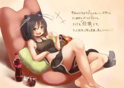 Rule 34 | +++, 159cm, 1girl, animal ear fluff, animal ears, black shirt, blush, bottle, cat ears, cat tail, chips (food), coca-cola, cup, dolphin shorts, dot nose, drinking glass, fang, food, hand under clothes, hand under shirt, looking at viewer, lying, medium hair, mole, mole on stomach, mole on thigh, on back, open mouth, original, panties, pantyshot, shirt, shorts, skin fang, smile, solo, tail, tail wagging, translation request, underwear