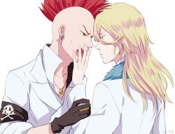 Rule 34 | 2boys, artist name, back, bad id, bad pixiv id, bald, bazz-b, bleach, blonde hair, blue eyes, blush, earrings, fur trim, gloves, green eyes, jewelry, jugram haschwalth, long hair, male focus, mohawk, multiple boys, necklace, open mouth, red hair, ronisuke, simple background, teeth, upper body, white background, yaoi