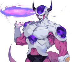 Rule 34 | 1boy, akame (chokydaum), black lips, black nails, collarbone, dragon ball, dragonball z, energy, energy disc, energy saw, evil smile, fingernails, frieza, highres, horns, large pectorals, looking at viewer, muscular, muscular male, open mouth, pectorals, red eyes, sharp fingernails, simple background, smile, solo, tail, white background