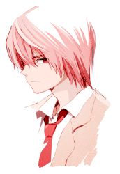 Rule 34 | 1boy, closed mouth, collared shirt, death note, grey jacket, jacket, ka (marukogedago), looking at viewer, male focus, necktie, pink hair, red eyes, red necktie, school uniform, shirt, simple background, solo, upper body, white background, white shirt, wing collar, yagami light