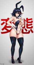 Rule 34 | 1girl, adapted costume, alternate costume, animal ears, arcsinge, blue eyes, blush, breasts, cleavage, eye contact, fake animal ears, heart, heart pasties, high heels, highres, kill la kill, large breasts, leotard, looking at another, looking at viewer, matoi ryuuko, meme attire, pasties, playboy bunny, rabbit ears, short hair, solo, standing, thick thighs, thighhighs, thighs, translucent bunnysuit