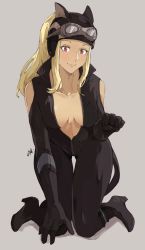 Rule 34 | 1girl, blonde hair, breasts, cat, closed mouth, commentary, dark-skinned female, dark skin, english commentary, full body, goggles, goggles on head, gravity daze, high heels, highres, kitten (gravity daze), long hair, looking at viewer, medium breasts, official alternate costume, red eyes, sakuremi, simple background, smile, solo