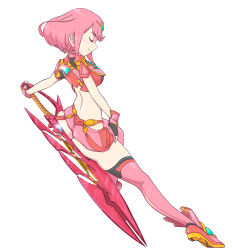 Rule 34 | 1girl, ahoge, ass, ass press, breasts, eyes closed, fingerless gloves, from behind, gloves, highres, huge ass, large breasts, microsd, pyra (xenoblade), shiny, shiny clothes, shiny hair, shiny skin, short hair, short shorts, shorts, sideboob, smile, solo, sword, thighhighs, weapon, xenoblade chronicles (series), xenoblade chronicles 2