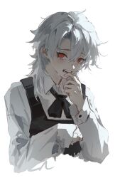 1girl absurdres black_dress chainsaw_man collared_shirt crying crying_with_eyes_open death_devil_(chainsaw_man) dress elyzerda fourth_east_high_school_uniform grey_hair highres messy_hair neck_ribbon open_mouth pinafore_dress red_eyes ribbon ringed_eyes school_uniform shirt simple_background sleeveless sleeveless_dress solo tears teeth white_background white_shirt