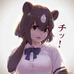 Rule 34 | 10s, 1girl, animal ears, bear ears, bow, bowtie, brown bear (kemono friends), brown eyes, brown hair, collared shirt, commentary request, elbow gloves, gloves, hand in own hair, kemono friends, shirt, short hair, short sleeves, solo, t-shirt, takami masahiro, translation request, upper body, white hair