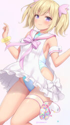 Rule 34 | 1girl, aqua one-piece swimsuit, arm cuffs, armpits, bangle, blonde hair, blush, bow, bracelet, clothing cutout, commentary request, dress, frilled dress, frills, gradient swimsuit, highleg, highleg swimsuit, highres, jewelry, looking at viewer, one-piece swimsuit, original, pink background, pink bow, pink ribbon, purple eyes, ribbon, sailor collar, sailor dress, sasaame, short dress, side cutout, signature, smile, solo, swimsuit, swimsuit under clothes, thigh strap, twintails, twitter username, white bow, white dress, yellow bracelet