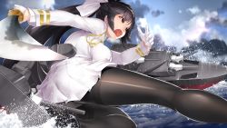 Rule 34 | 1girl, absurdres, ass, azur lane, black footwear, black hair, black pantyhose, blunt bangs, bow, breasts, cannon, cloud, cloudy sky, commentary request, crotch seam, day, eyelashes, fighting stance, from behind, from side, gloves, hair bow, hair flaps, half gloves, hands up, highres, holding, holding sword, holding weapon, katana, large breasts, loafers, long hair, long sleeves, looking to the side, machinery, military, military uniform, miniskirt, ocean, open mouth, outdoors, panties, panties under pantyhose, pantyhose, pantyshot, pleated skirt, ponytail, ready to draw, ribbon, rigging, rin2008, scabbard, sheath, shiny clothes, shoes, skirt, sky, solo, splashing, squatting, sword, takao (azur lane), teeth, thighband pantyhose, thighs, tsurime, turret, underwear, uniform, unsheathed, upper teeth only, upskirt, very long hair, water, weapon, white bow, white gloves, white panties, white ribbon, white skirt, yellow eyes