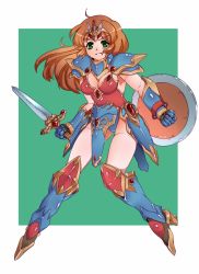 Rule 34 | 1girl, armor, boots, brown hair, clenched teeth, full body, gloves, greaves, green background, green eyes, headgear, highres, knee boots, leotard, long hair, lucia (madura no tsubasa), madura no tsubasa, pauldrons, shield, shoulder armor, solo, sunsoft, sword, teeth, thighhighs, vuccha, weapon, white thighhighs