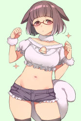 Rule 34 | 1girl, :o, animal ears, black hair, black shorts, blunt bangs, bob cut, brown hair, character request, clenched hands, collarbone, copyright request, cowboy shot, crop top, duke (inu daimyou), frilled shirt, frilled shorts, frilled sleeves, frills, fur choker, fur cuffs, green background, groin, hands up, looking at viewer, midriff, navel, neck bell, red-framed eyewear, red eyes, semi-rimless eyewear, shirt, short hair, short shorts, short sleeves, shorts, simple background, solo, sparkle, tail, thighhighs, under-rim eyewear, white shirt, wrist cuffs