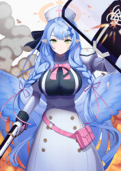 Rule 34 | 1girl, absurdres, blood, blue archive, blue hair, blue wings, braid, breasts, bullet hole, fire, green eyes, gun, halo, hat, highres, holding, holding gun, holding shield, holding weapon, juliet sleeves, large breasts, long hair, long sleeves, looking at viewer, mine (blue archive), nurse cap, pointy ears, puffy sleeves, riot shield, shield, shotgun, smoke, twin braids, weapon, wings, yasaka (rwrk4222)