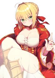 Rule 34 | 1girl, ahoge, blonde hair, blush, braid, breasts, cleavage, dress, epaulettes, fate/extra, fate (series), green eyes, hair intakes, hair ribbon, haruyuki (yukichasoba), highres, large breasts, long hair, looking at viewer, medium breasts, nero claudius (fate), nero claudius (fate) (all), nero claudius (fate/extra), open mouth, red dress, ribbon, see-through, skindentation, smile, solo, thighs