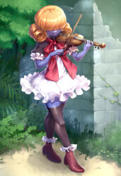 Rule 34 | 1girl, black thighhighs, blonde hair, bow, bow (music), bowtie, brick wall, brown footwear, bush, closed mouth, colored skin, commentary request, curly hair, dated, dress, flat chest, frilled dress, frills, full body, grass, hair between eyes, hair over eyes, high heels, holding, holding instrument, holding violin, instrument, medium hair, music, playing instrument, purple skin, ragnarok online, red bow, red bowtie, rouko605, ruins, short dress, signature, smile, solo, thighhighs, tree, violin, violy, white dress