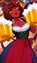 Rule 34 | 1girl, apron, beer mug, black hair, blunt bangs, body freckles, braid, breasts, cleavage, colored skin, cup, demon girl, demon horns, demon tail, dirndl, dutch angle, flower, freckles, german clothes, hair between horns, hair flower, hair ornament, highres, holding, holding cup, horns, long hair, looking at viewer, medium breasts, meruccubus (merunyaa), merunyaa, mole, mole under eye, mug, oktoberfest, oni, open mouth, original, pointy ears, red oni, red skin, red tail, skin-covered horns, solo, tail, twin braids, underbust, waist apron, watermark, web address, yellow eyes