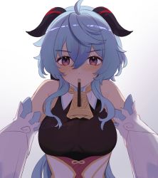 Rule 34 | 1girl, ahoge, bare shoulders, bell, black bodysuit, blue hair, blush, bodice, bodysuit, breasts, cowbell, detached sleeves, food, food in mouth, ganyu (genshin impact), genshin impact, goat horns, gradient background, hair between eyes, highres, horns, long hair, looking at another, medium breasts, pocky, pocky day, purple eyes, signature, solo, tana (tanabio), upper body