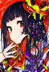 Rule 34 | 1girl, black hair, blunt bangs, blush, close-up, closed mouth, commentary request, dress, eyebrows, eyelashes, fingernails, flower, food, fruit, gradient hair, hair between eyes, hair flower, hair ornament, hand to own mouth, hand up, hat, highres, hime cut, japanese clothes, kimono, long fingernails, long hair, long sleeves, looking at viewer, mika pikazo, multicolored hair, nail polish, orange (fruit), original, red eyes, red hat, red nails, simple background, solo, tassel, traditional clothes, white background