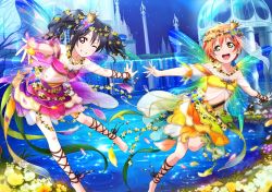 Rule 34 | 10s, 2girls, bare shoulders, barefoot, black hair, blush, crown, dress, fairy, fairy wings, feet, flower, frills, green eyes, hair ornament, highres, hoshizora rin, leg ribbon, looking at viewer, love live!, love live! school idol festival, love live! school idol project, multiple girls, non-web source, official art, one eye closed, open mouth, orange hair, petals, red eyes, ribbon, scan, see-through, short dress, smile, toes, twintails, water, wings, yazawa nico