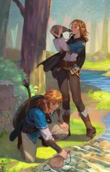 Rule 34 | 1boy, 1girl, belt, blonde hair, blue eyes, boots, braid, brown footwear, brown pants, cape, day, grass, hair ornament, hairclip, highres, hongcasso, layered sleeves, link, long sleeves, nature, nintendo, on one knee, outdoors, pants, pointy ears, princess zelda, shield, shield on back, shirt, short hair, short over long sleeves, short sleeves, standing, stone, stream, the legend of zelda, the legend of zelda: breath of the wild, the legend of zelda: tears of the kingdom, tree, tunic, water, weapon, weapon on back, white pants