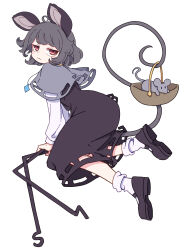 Rule 34 | 1girl, absurdres, ahoge, animal, animal ears, black dress, black footwear, blush stickers, capelet, closed mouth, dowsing rod, dress, full body, grey capelet, grey hair, highres, jewelry, kame (kamepan44231), long sleeves, mouse (animal), mouse ears, mouse tail, nazrin, pendant, red eyes, shoes, short hair, simple background, socks, solo, tail, touhou, white background, white socks