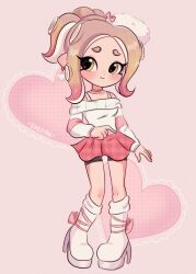 Rule 34 | 1girl, bike shorts, bike shorts under skirt, blush, boots, breasts, chellyko, choker, collarbone, earrings, hat, heart, heart choker, heart in eye, high heels, highres, jewelry, long hair, long sleeves, nintendo, octoling, octoling girl, octoling player character, octopus girl, off shoulder, pink background, pink hair, pointy ears, red skirt, skirt, small breasts, smile, sparkle, splatoon (series), standing, sweater, symbol in eye, tentacle hair, tentacles, white footwear, white hat, white sweater, yellow eyes