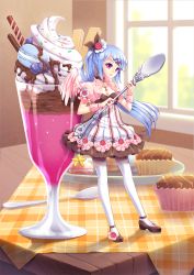 Rule 34 | 1girl, angel wings, blue hair, chocolate, food, frills, full body, hair ornament, hairclip, heart, holding, jewelry, lace, lace-trimmed legwear, lace trim, lolita fashion, long hair, mini person, minigirl, original, parfait, pink eyes, plaid, ring, saban, shoes, side ponytail, spoon, standing, star (symbol), striped, sweets, thighhighs, waffle, white thighhighs, window, wings, wrist cuffs, zettai ryouiki