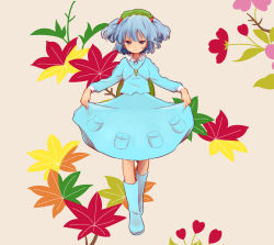 Rule 34 | 1girl, blue eyes, blue hair, boots, curtsey, female focus, flower, full body, hair bobbles, hair ornament, hat, ica, kawashiro nitori, key, leaf, matching hair/eyes, plant, short twintails, skirt, solo, touhou, twintails