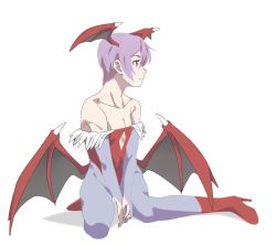 Rule 34 | 1girl, animal print, bare shoulders, bat print, bat wings, between legs, breasts, bridal gauntlets, closed mouth, commentary request, demon girl, flat chest, full body, grey background, hand between legs, head wings, highres, leotard, lilith aensland, own hands clasped, own hands together, pantyhose, print pantyhose, purple hair, red eyes, red leotard, short hair, simple background, sitting, smile, solo, vampire (game), wariza, wings, yoxtut