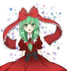 Rule 34 | 1girl, bad id, bad pixiv id, black bow, bow, collar, crystal, dress, dress bow, eyes visible through hair, gradient dress, green eyes, green hair, hair bow, jewelry, kagiyama hina, lineart, long hair, looking at viewer, open mouth, puffy short sleeves, puffy sleeves, red bow, red dress, red sleeves, short sleeves, smile, solo, touhou, white background, white collar