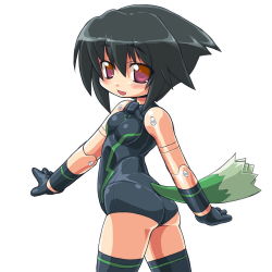 Rule 34 | 10s, 1girl, :d, ass, bad id, bad pixiv id, bare shoulders, black gloves, black hair, black thighhighs, blush, breasts, brown eyes, busou shinki, clothing cutout, dd (ijigendd), doll joints, flat chest, from side, gloves, hair between eyes, howling (busou shinki), joints, leotard, looking at viewer, looking back, multicolored eyes, open mouth, orange eyes, purple eyes, short hair, simple background, small breasts, smile, solo, tail, tail through clothes, thighhighs, white background