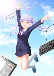 Rule 34 | 10s, 1girl, :d, ^ ^, arm up, blazer, blue skirt, blush, clenched hands, closed eyes, cloud, collared shirt, day, closed eyes, formal, full body, highres, id card, jacket, keyboard (computer), kneehighs, light purple hair, long sleeves, maanii, monitor, name tag, neck ribbon, new game!, open mouth, outstretched arms, pencil skirt, pink ribbon, ribbon, school uniform, shirt, skirt, skirt suit, sky, slippers, smile, socks, solo, suit, suzukaze aoba, white socks, white shirt
