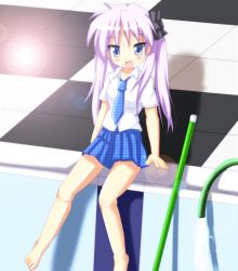 Rule 34 | 00s, 1girl, barefoot, blue eyes, checkered floor, cleaning brush, empty pool, floor, highres, hiiragi kagami, hose, lens flare, lucky star, mai (t-5), mai t-5, mop, necktie, pleated skirt, pool, poolside, purple hair, school uniform, skirt, solo, twintails, unmoving pattern, water