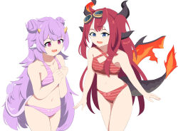 Rule 34 | 2girls, absurdres, animal ears, artist name, belly, blue eyes, blush, blush stickers, bow, bow panties, bra, breasts, commission, cow ears, cow horns, dragon ears, dragon horns, dragon tail, fire, flame-tipped tail, flat chest, highres, horns, knee up, knees up, long hair, multicolored hair, multiple girls, muu muyu, navel, open mouth, panties, phase connect, purple eyes, purple hair, purple panties, red hair, red panties, ribbon, saya sairroxs, small breasts, smile, striped bra, striped clothes, striped panties, tail, teeth, thighs, underwear, underwear only, very long hair, virtual youtuber, white background