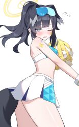 Rule 34 | 1girl, ;o, animal ears, arm tattoo, ass, black hair, blue archive, blunt bangs, blush, commentary request, dog ears, dog girl, dog tail, droopy ears, eyewear on head, facial tattoo, flying sweatdrops, from side, grey eyes, halo, head tilt, hibiki (blue archive), hibiki (cheer squad) (blue archive), highres, holding, holding pom poms, leaning forward, long hair, looking at viewer, looking to the side, one eye closed, parted lips, pleated skirt, pom pom (cheerleading), pom poms, ponytail, sidelocks, simple background, skirt, sleeveless, solo, star tattoo, stomach, sunglasses, tail, tattoo, tsubaki 0317, white background