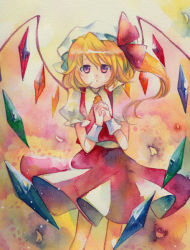 Rule 34 | 1girl, blonde hair, crystal, dress, female focus, flandre scarlet, hat, hat ribbon, mob cap, own hands together, painting (medium), red eyes, ribbon, solo, touhou, traditional media, tsuru (680597), watercolor (medium), white hat, wings, wrist cuffs