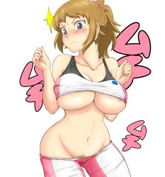 Rule 34 | 10s, 1girl, ^^^, areola slip, bare shoulders, bike shorts, blue eyes, blush, breasts, brown hair, censored, cleft of venus, clothes lift, collarbone, covered erect nipples, curvy, female focus, female pubic hair, groin, gundam, gundam build fighters, gundam build fighters try, highres, hoshino fumina, kisaragi nana, large breasts, navel, no bra, no panties, ponytail, pubic hair, pubic hair peek, pussy, pussy peek, shirt, shirt lift, short hair, shorts, simple background, solo, sports bra, sports bra lift, standing, sweatdrop, tof, two-tone sports bra, underboob, white background
