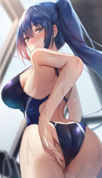 Rule 34 | 1girl, adjusting clothes, adjusting swimsuit, aqua eyes, arms behind back, ass, back, back cutout, bare arms, blue hair, blue one-piece swimsuit, blurry, blurry background, blush, breasts, closed mouth, clothing cutout, commentary, commission, cowboy shot, curvy, depth of field, eyelashes, eyes visible through hair, fine fabric emphasis, frown, hair between eyes, highres, indoors, large breasts, light particles, long hair, looking down, nose blush, one-piece swimsuit, original, ray mil68, side ponytail, sideboob, sidelighting, skeb commission, solo, standing, swimsuit, symbol-only commentary, wet, wet clothes, wet swimsuit