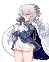 Rule 34 | 1girl, aningay, black gloves, blue cape, blue jacket, braid, cape, commentary, dress, girls&#039; frontline, gloves, grey eyes, hair ornament, own hands clasped, hands up, highres, interlocked fingers, jacket, long hair, long sleeves, own hands together, parted lips, ribeyrolles (girls&#039; frontline), signature, simple background, solo, standing, very long hair, white background, white cape, white dress, white hair