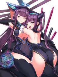 Rule 34 | 2girls, ass, back, bare shoulders, black dress, black gloves, black headwear, black legwear, blue eyes, blunt bangs, blush, breasts, center opening, china dress, chinese clothes, closed mouth, detached sleeves, dress, dual persona, elbow gloves, fate/grand order, fate (series), flute, gloves, hair ornament, halo, hands up, highres, hug, instrument, large breasts, long hair, looking at viewer, multiple girls, open mouth, pipa (instrument), purple hair, sessue, sidelocks, simple background, thighhighs, thighs, twintails, very long hair, white background, yang guifei (fate), yang guifei (second ascension) (fate), yang guifei (third ascension) (fate)