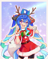 Rule 34 | 1girl, :d, @ @, ahoge, animal ears, antlers, aqua hair, bell, belt, belt buckle, bike shorts, black shorts, blue eyes, blue hair, blush, border, bottle, bow, buckle, capelet, carrying over shoulder, commentary request, cowboy shot, crossed bangs, deer antlers, dress, fake antlers, fur-trimmed capelet, fur-trimmed dress, fur trim, hair bow, hair ribbon, hand up, heterochromia, highres, holding, holding bottle, holding sack, horns, horse ears, horse girl, horse tail, hot sauce, leaf, long hair, looking at viewer, monmonmur, multicolored hair, neck bell, open mouth, outside border, partial commentary, patterned, purple eyes, red capelet, red dress, ribbon, sack, santa costume, sharp teeth, shorts, sidelocks, smile, snowflakes, solo, sparkle, tabasco, tail, teeth, twin turbo (umamusume), twintails, twitter username, two-tone hair, umamusume, upper teeth only, very long hair, w, white border, white wristband, wristband