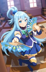 Rule 34 | 1girl, absurdres, aqua (konosuba), blue eyes, blue footwear, blue hair, blue shirt, blue skirt, blue thighhighs, blush, boots, bow, bowtie, breasts, chair, detached sleeves, gem, glowing, glowing eyes, green bow, green bowtie, hair between eyes, hair ornament, hair rings, hand fan, happy, highres, kono subarashii sekai ni bakuen wo!, kono subarashii sekai ni shukufuku wo!, long hair, looking at viewer, shirt, single hair ring, skirt, sleeveless, sleeveless shirt, smile, smiley face, solo, table, thigh boots, thighhighs, thighhighs under boots, tiri, tongue, tongue out, very long hair, white sleeves