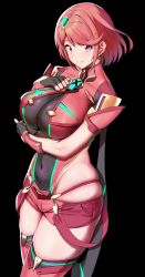 Rule 34 | 1girl, amano don, black background, blouse, breasts, covered navel, from side, gauntlets, gloves, hair ornament, highres, jewelry, large breasts, necklace, pyra (xenoblade), red eyes, red hair, red shirt, shirt, shorts, skin tight, skindentation, solo, thighhighs, tiara, xenoblade chronicles (series), xenoblade chronicles 2