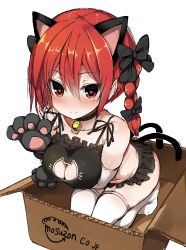 Rule 34 | 1girl, absurdres, animal ears, animal hands, bell, black bow, black choker, bow, box, braid, brand name imitation, breasts, cardboard box, cat cutout, cat ears, cat lingerie, cat paws, cat tail, choker, cleavage cutout, closed mouth, clothing cutout, commentary request, extra ears, fang, fang out, full body, greatmosu, hair bow, heart, heart-shaped pupils, highres, kaenbyou rin, large breasts, looking at viewer, medium hair, meme attire, multiple tails, navel, neck bell, nekomata, red eyes, red hair, seiza, side braids, simple background, sitting, smile, solo, symbol-shaped pupils, tail, thighhighs, touhou, twin braids, two tails, white background, white thighhighs