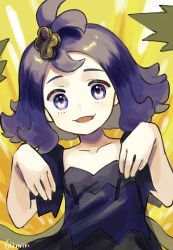 Rule 34 | 1girl, acerola (pokemon), collarbone, commentary request, creatures (company), dress, flipped hair, game freak, grey dress, hair ornament, hairclip, hands up, highres, keytaro1125, looking at viewer, medium hair, multicolored clothes, multicolored dress, nintendo, open mouth, pokemon, pokemon sm, purple hair, short sleeves, smile, solo, stitches, topknot, torn clothes, torn dress