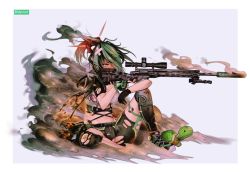 Rule 34 | 1girl, absurdres, bandaid, bandaid on knee, bandaid on leg, blush, bra, breasts, brown eyes, bsapricot, cleavage, crossed bandaids, fingerless gloves, full body, girls&#039; frontline, gloves, glowing, green footwear, green gloves, green hair, green shorts, gun, hair over one eye, highres, holding, holding gun, holding weapon, knee pads, knee up, m2010 enhanced sniper rifle, medium breasts, multicolored hair, navel, nose blush, original, panties, ponytail, purple background, remington arms, rifle, scope, shoes, short shorts, short sleeves, shorts, shrug (clothing), sitting, slit pupils, smoke, sniper rifle, solo, striped bra, striped clothes, striped panties, stuffed animal, stuffed toy, stuffed turtle, suppressor, tears, torn clothes, torn shorts, trigger discipline, two-tone background, two-tone hair, underwear, weapon, white background, xm2010