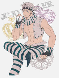 Rule 34 | 1boy, ar (rikuesuto), bubble, caesar anthonio zeppeli, facial mark, feather hair ornament, feathers, fingerless gloves, gloves, hair ornament, headband, hydrokinesis, jojo no kimyou na bouken, male focus, official alternate costume, pants, solo, striped clothes, striped pants, vest, water, white hair