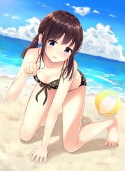 Rule 34 | 1girl, all fours, ball, beach, beachball, blue eyes, blush, breasts, brown hair, burenbo, cleavage, collarbone, day, full body, highres, looking at viewer, medium breasts, original, outdoors, parted lips, short twintails, smile, solo, swimsuit, twintails, water