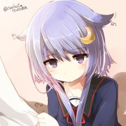 Rule 34 | 10s, 1girl, blue eyes, clothes grab, collarbone, commentary request, crescent, crescent hair ornament, expressive hair, hair flaps, hair ornament, kantai collection, long hair, long sleeves, maszom, moon (ornament), nijou katame, purple eyes, purple hair, ribbon, school uniform, serafuku, shadow, short hair with long locks, sleeve grab, solo focus, twitter username, yayoi (kancolle)