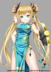 Rule 34 | 1girl, blonde hair, blue dress, blue eyes, breasts, chinese clothes, dress, floral print, flower, hair ornament, hakuda tofu, hand fan, hand on own hip, highres, holding, holding fan, horns, large breasts, official art, shinkai no valkyrie, spread legs