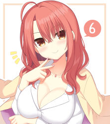 1girl ahoge arm_under_breasts blush breasts brown_eyes c: cleavage closed_mouth collarbone collared_shirt commentary_request fingernails hamidashi_creative hand_up highres izumi_miri jacket jacket_on_shoulders jewelry large_breasts looking_at_viewer medium_hair notice_lines pendant red_hair shirt simple_background single_hair_intake smile solo speech_bubble utsunomiya_tsumire v white_background white_shirt yellow_jacket